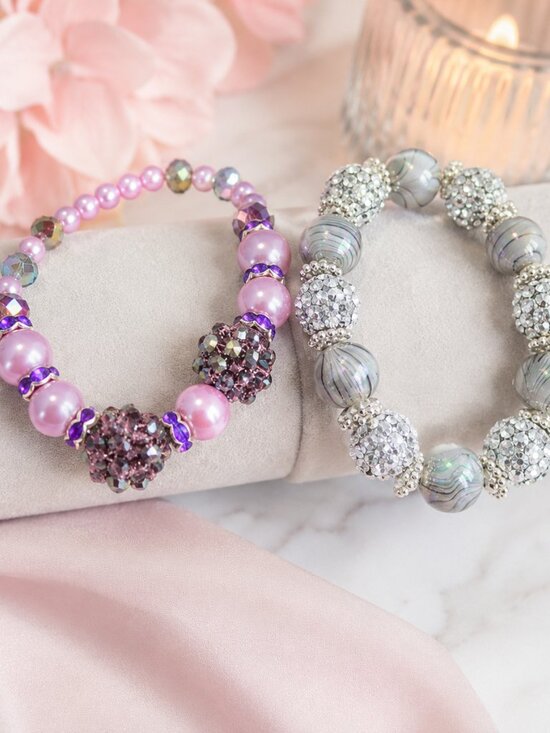 Handmade Jewelry - Handmade Stretch Beaded Bracelet Set Pink Purple & Silver Gray Sparkle